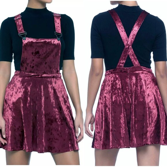 Hot Topic Crushed Velvet Jumper Overall Dress Women S Burgundy Skirtall Pinafore - Picture 2 of 14